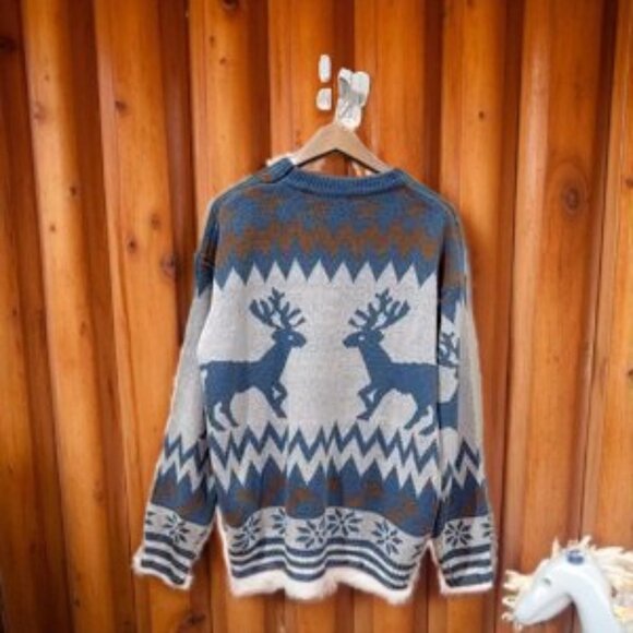 NWT J.ING Jing Unisex Blue Christmas Ugly Sweater Elk Pattern Oversize Jumper - Picture 3 of 5